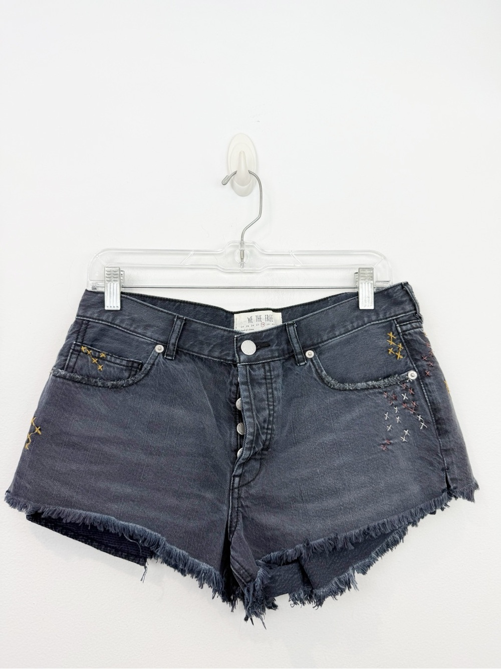 Free People We The Free Distressed Denim Jean Shorts Button Fly Embroidered 28